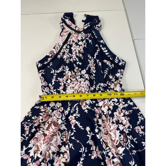 B. Darlin Navy Floral Fit & Flare Dress – Size 7/8 – High Neck Crochet Trim - Picture 7 of 12